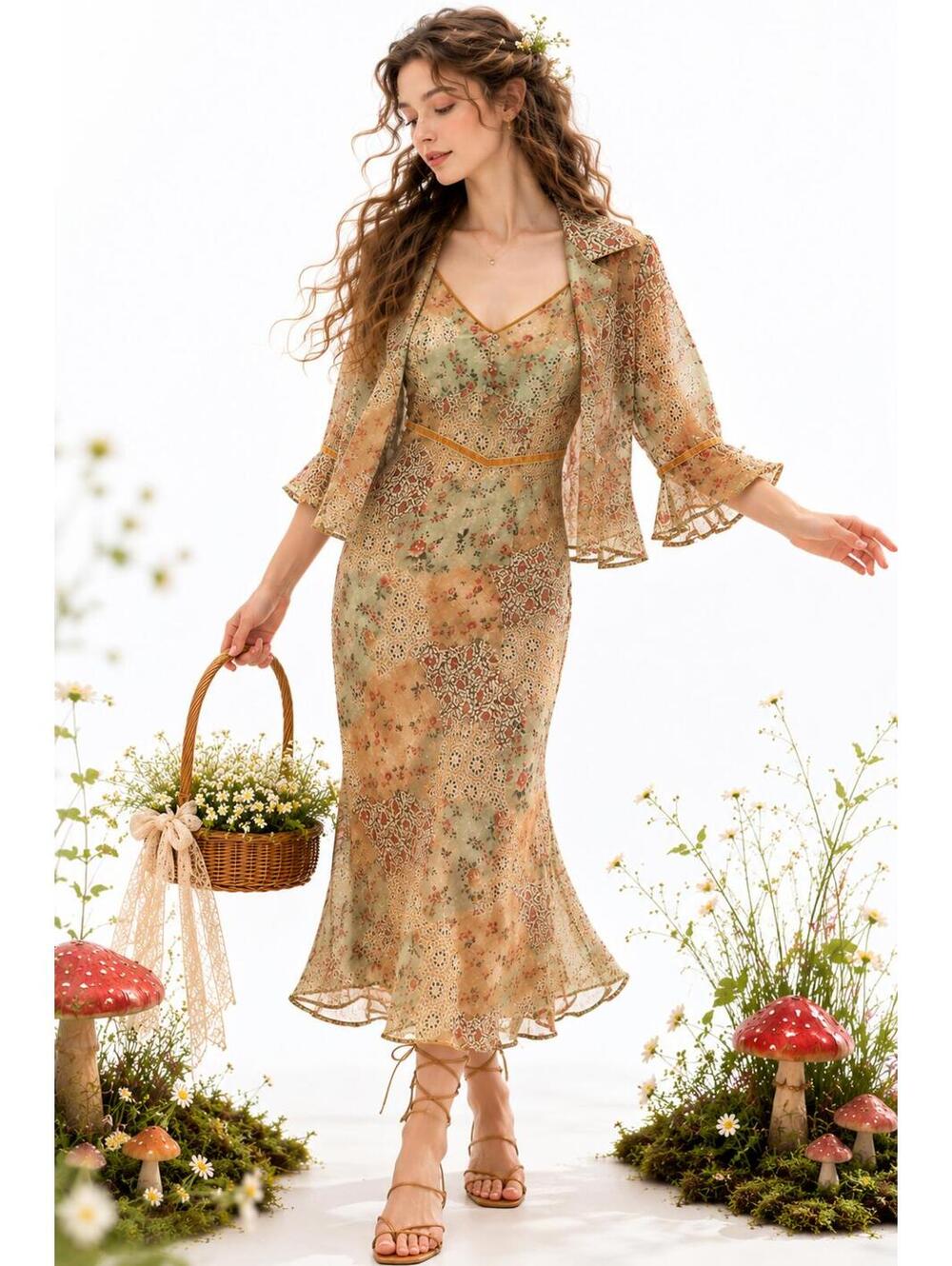 K Studio Cottagecore Fairycore Floral Patchwork Dress & Jacket Set Whimsical